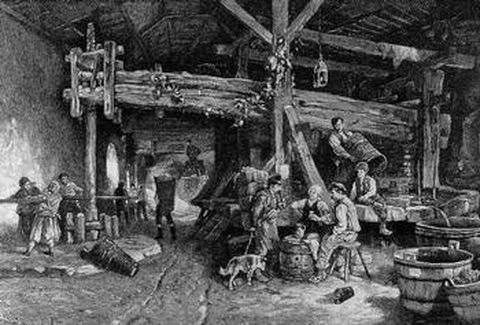 So wurde noch vor 80 Jahren bei uns der Wein gekeltert (nach einem Gemälde von A. Kappis)